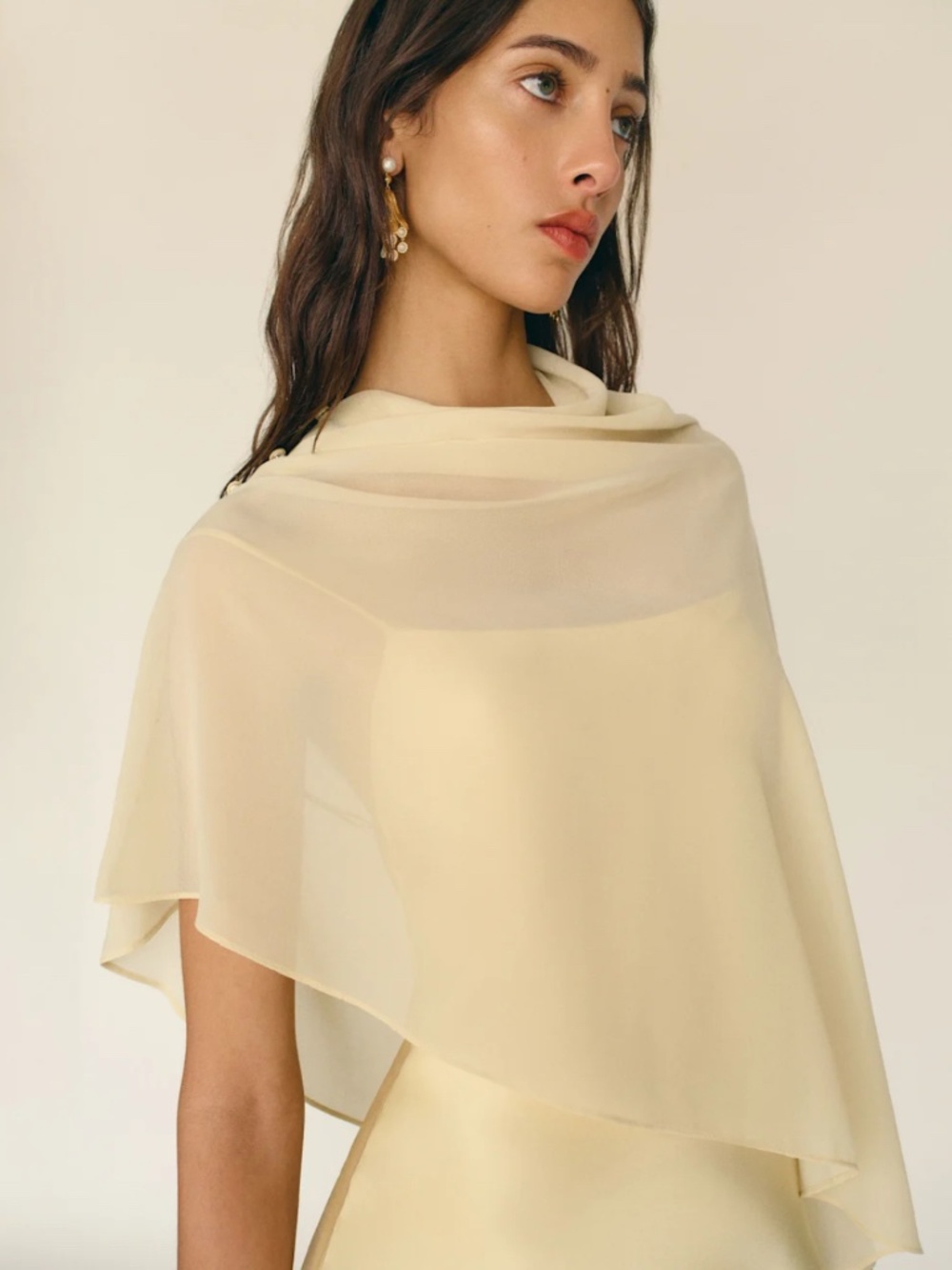 Reformation Champagne Satin Slip Dress with Sheer Ivory Cape - Picture 2 of 7